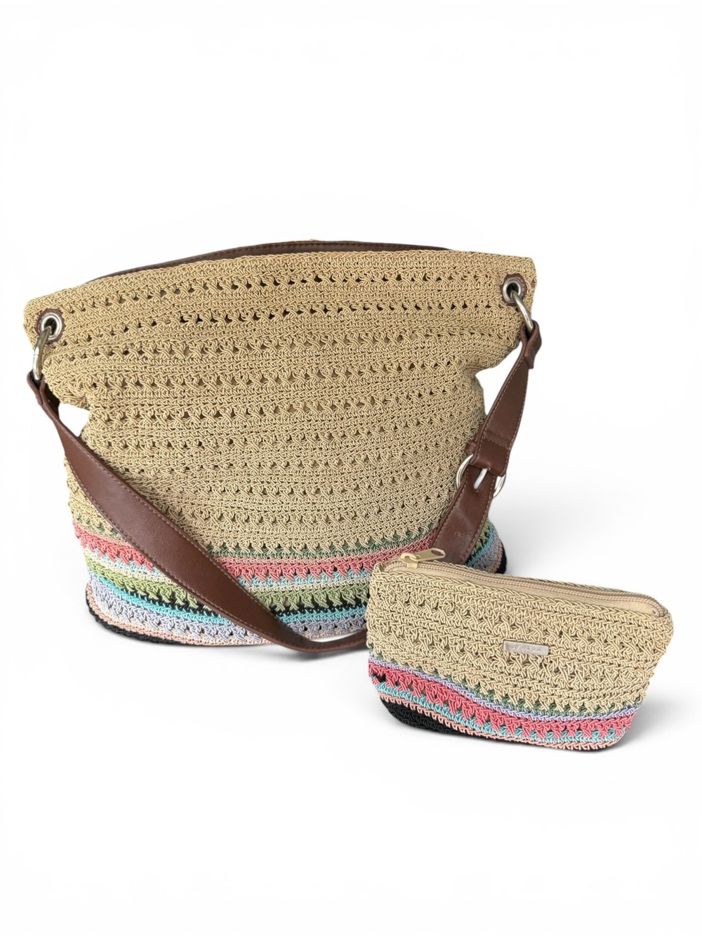Boho Crochet Shoulder Bag & Matching Pouch - Beige w/ Multicolor Trim Retro